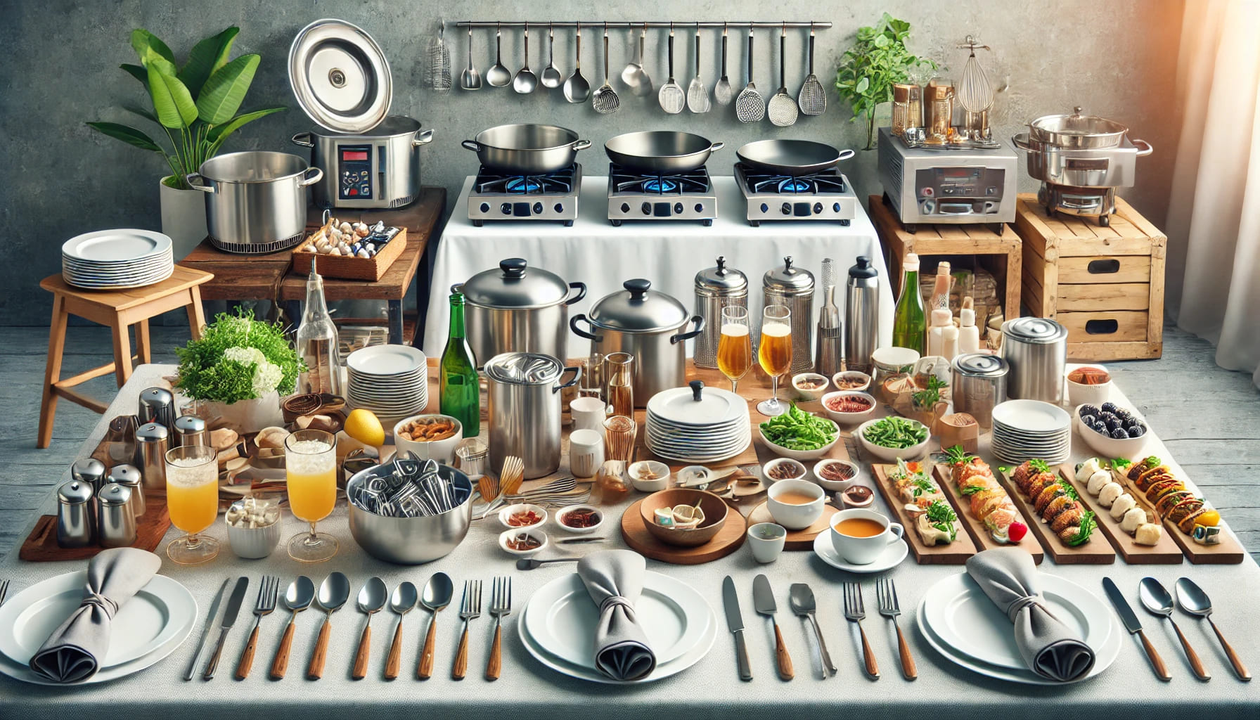 A catering setup with various types of catering equipment including cooking equipment, serving utensils, and beverage equipment, highlighting a well-o