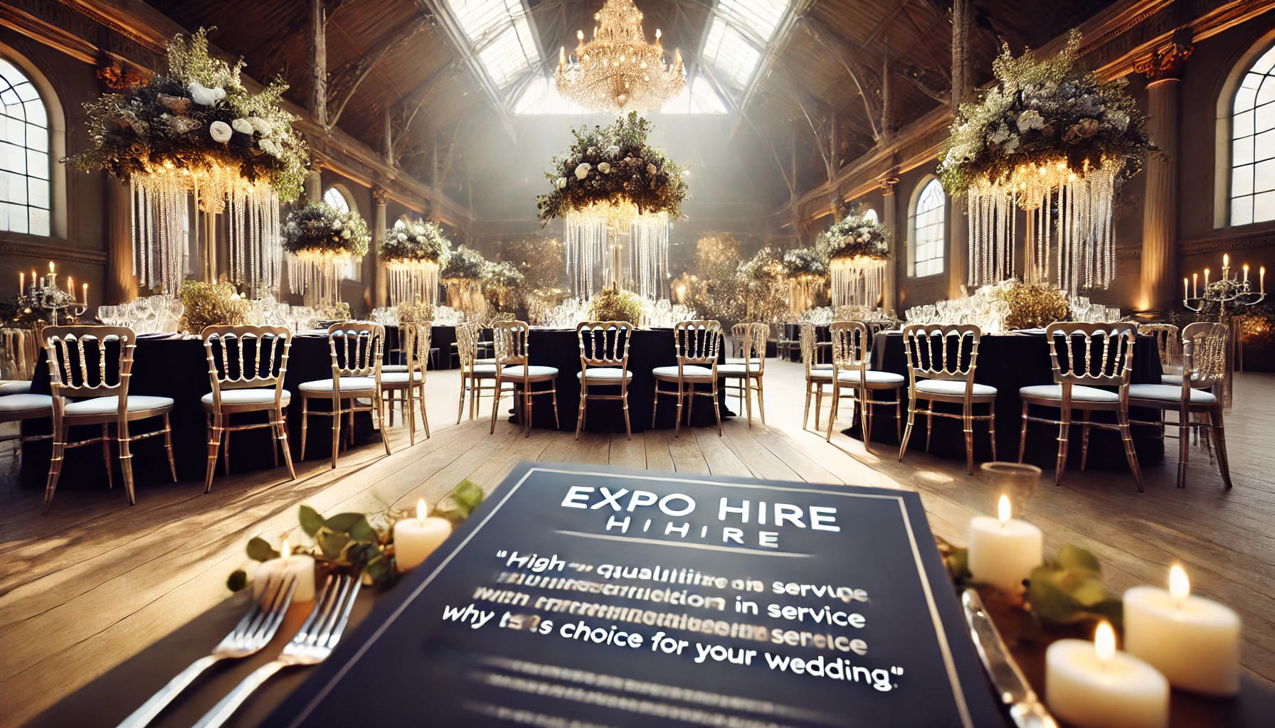 A close-up of a high-quality wedding setup provided by Expo Hire, showcasing attention to detail with premium furniture, elegant table settings, and a