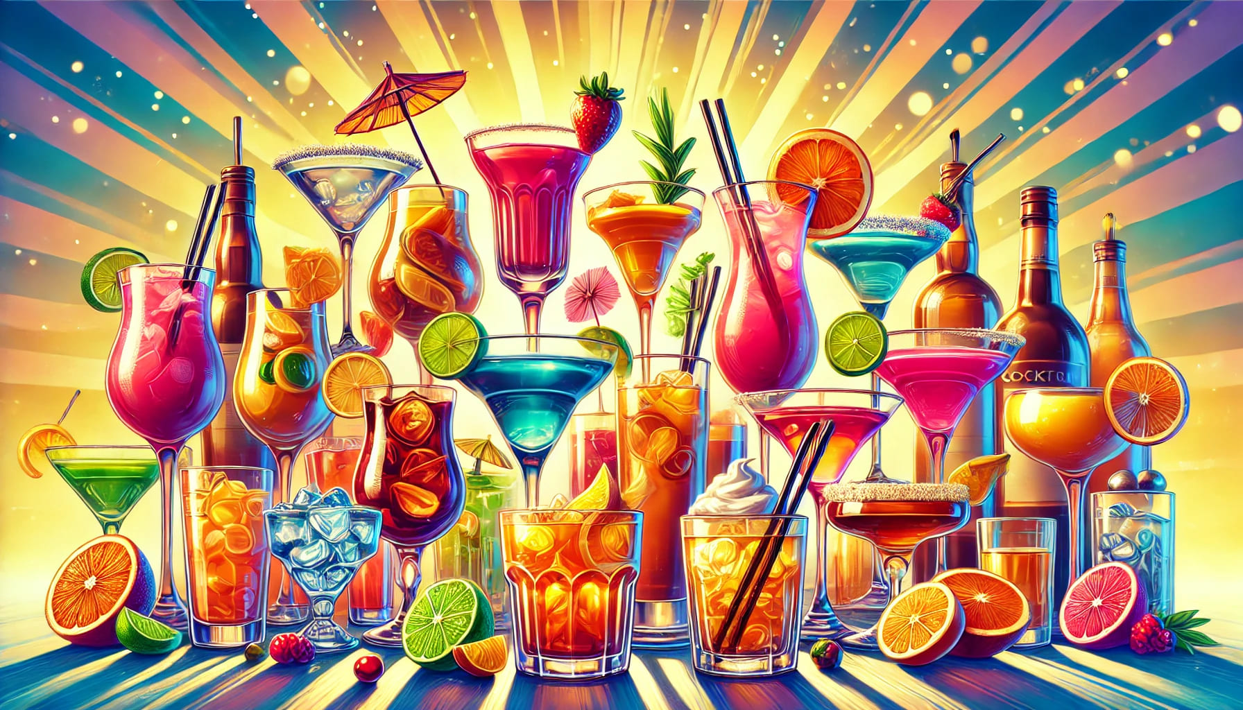 A colourful arrangement of cocktail glasses with various drinks, showing different types of cocktails. The setting should be vibrant and lively. Lands