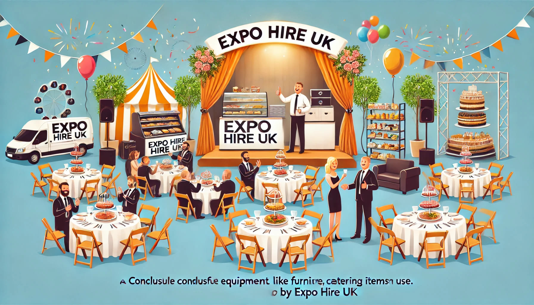 A concluding image showing a successful event setup by Expo Hire UK. Include various hired equipment like furniture, catering items, and decorations i