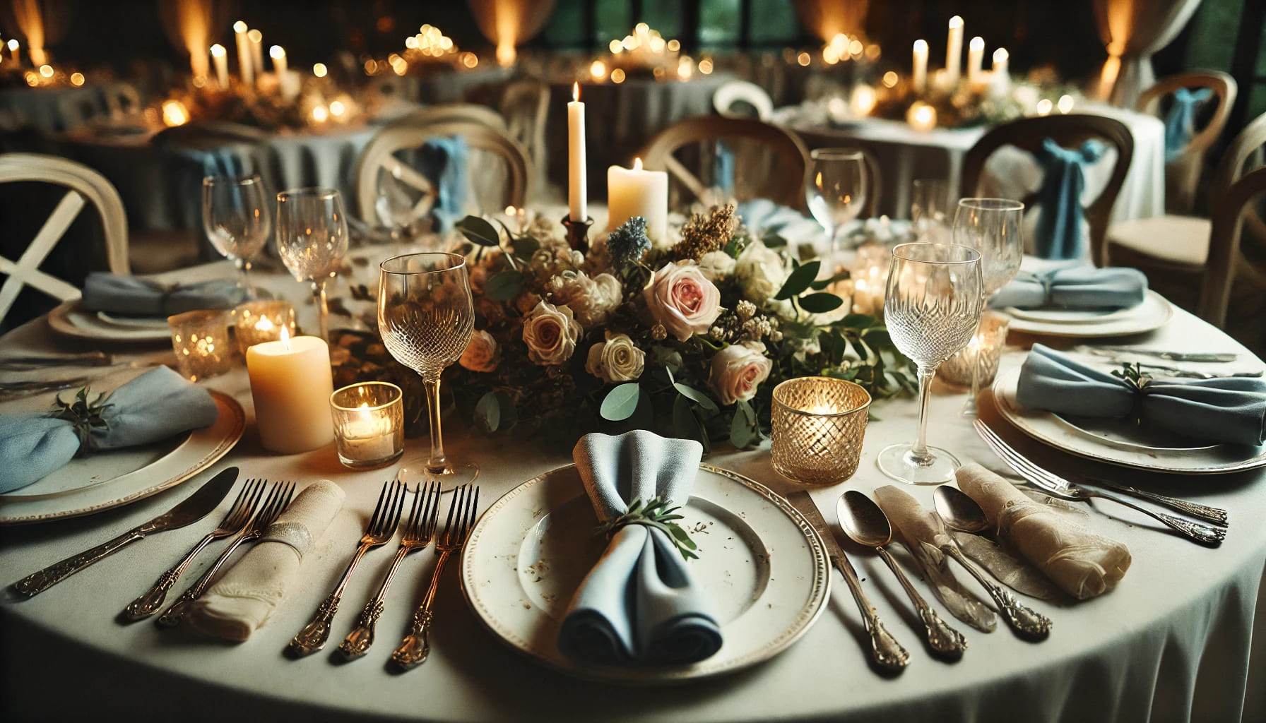 A concluding scene from a wedding reception showing an elegantly set table after the celebration. The table features neatly arranged linens, some used