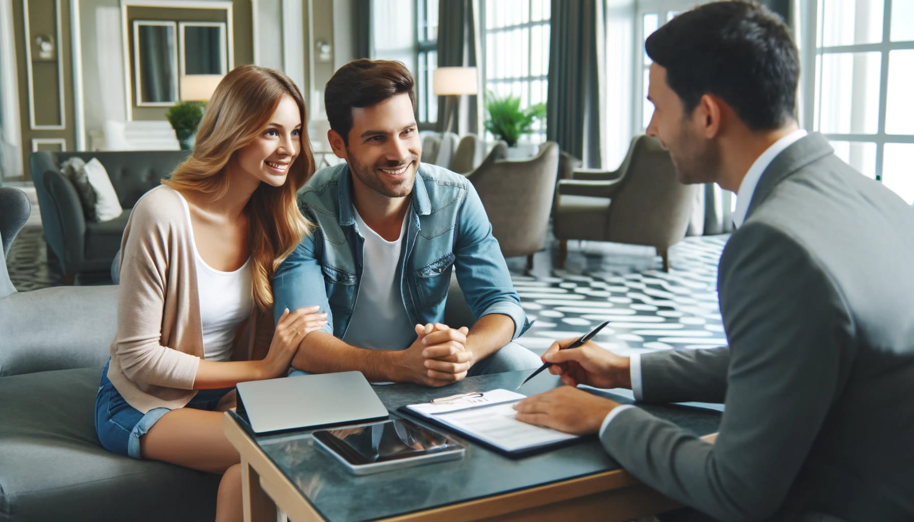 A couple sitting at a table in a hotel lobby, discussing accommodation options with a hotel manager