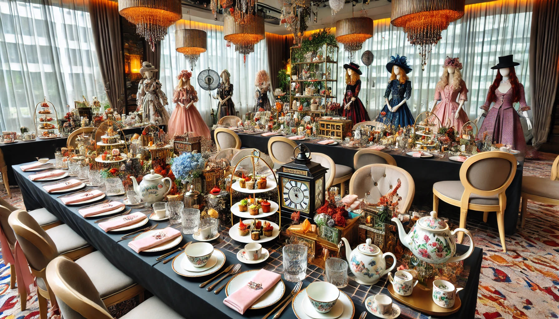 A customised afternoon tea party setup with a unique theme, featuring themed decorations, tea sets, and guests dressed according to the theme, set in