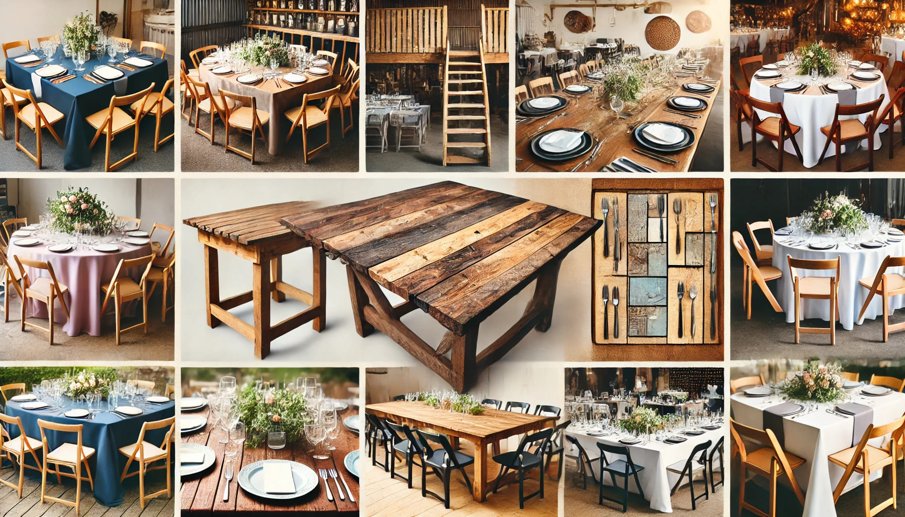 7 A detailed shot of different types of trestle tables available for hire in the UK. The image shows both rustic wooden tables and modern designs, set u