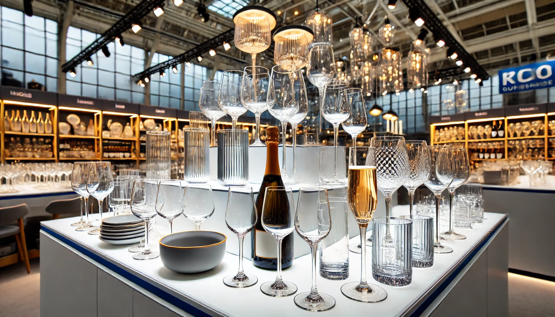 A display of various glassware types, including wine glasses, champagne flutes, and tumblers, all from a single supplier, showcasing the benefits of u