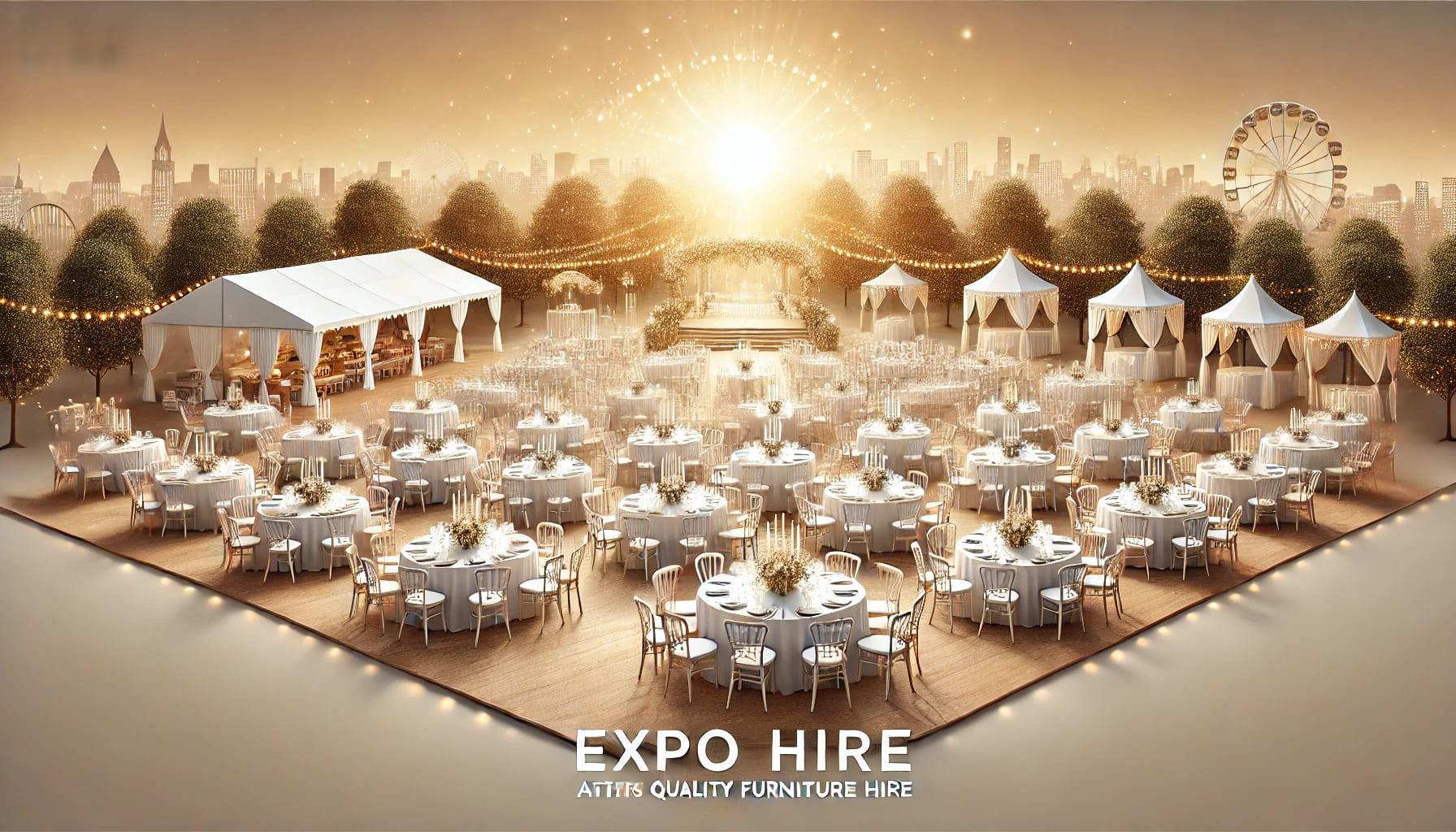 A landscape image of a beautifully decorated event venue with neatly arranged tables and chairs, showing the completion and satisfaction of a well-pla