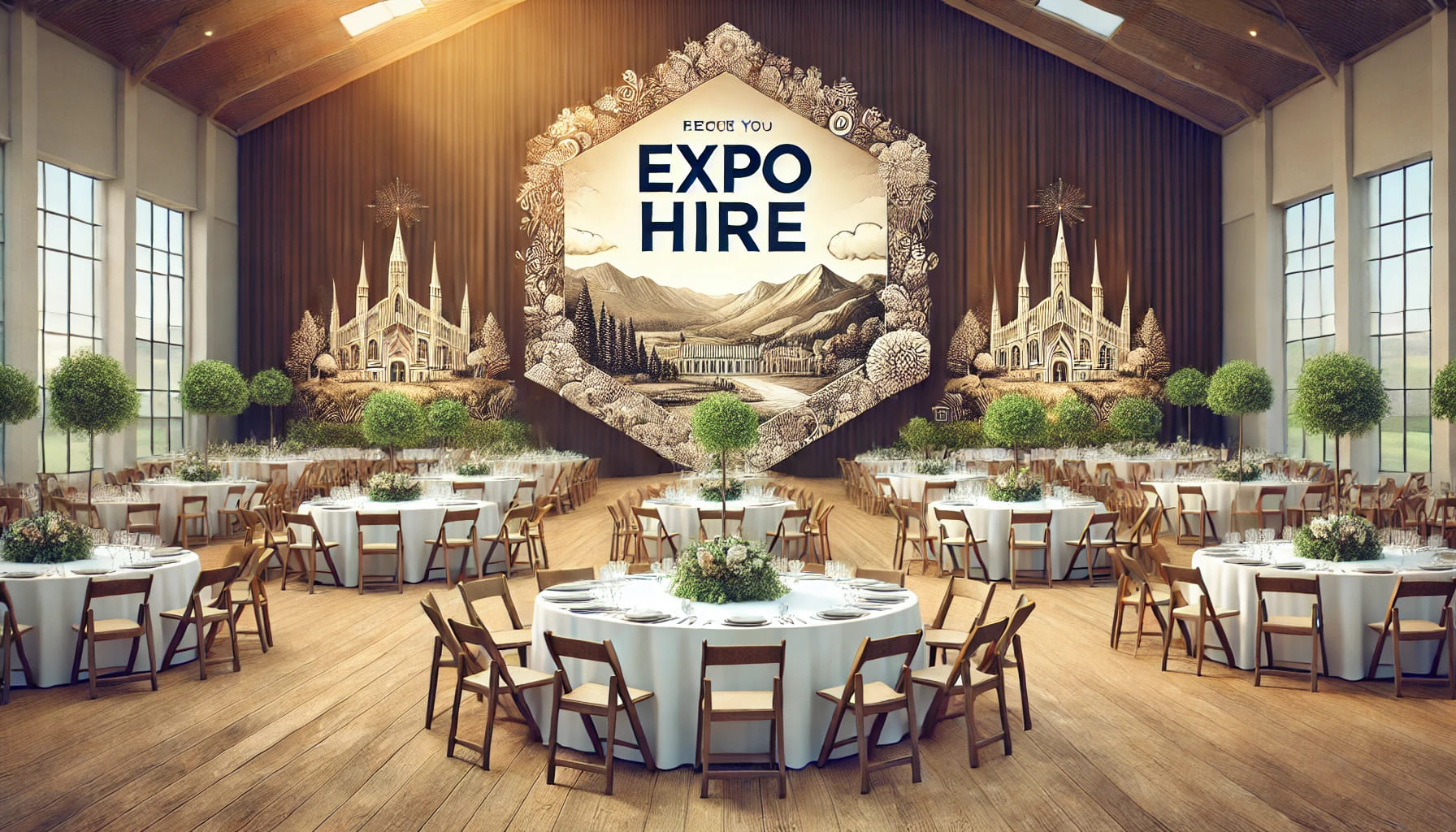 A landscape-oriented image of a well-decorated event space, focusing on the role of Expo Hire in ensuring event success. The image shows a beautifully