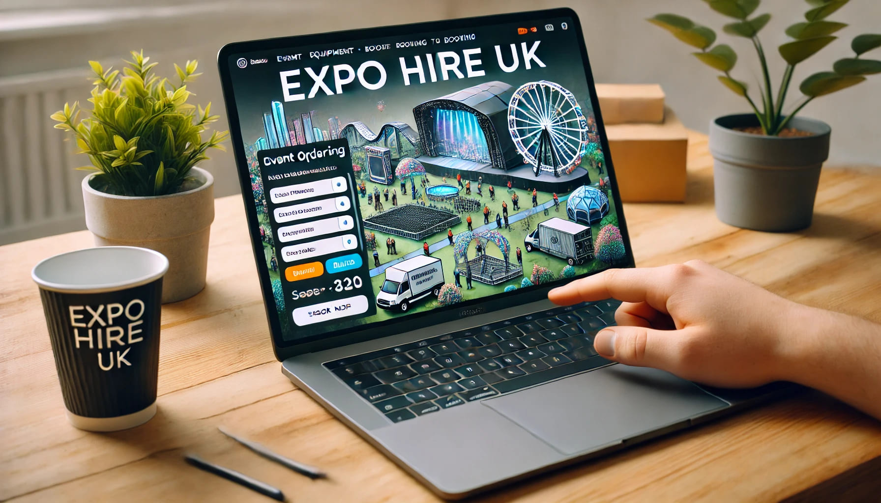 A laptop screen showing an online ordering process for event equipment, highlighting the ease and convenience of booking with Expo Hire UK