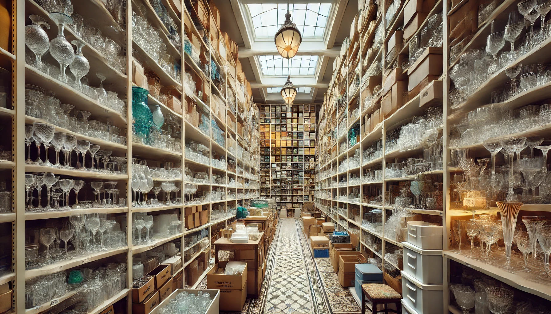 A large storage room filled with shelves of various types of glassware, showing the extensive stock available for hire