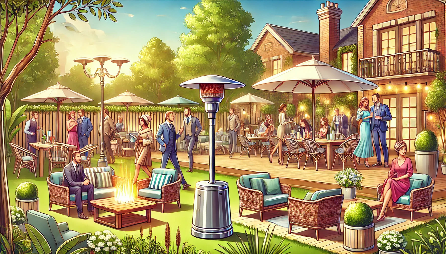 A lively outdoor event featuring stylish furniture such as patio heaters, parasols, and comfortable seating arrangements. The scene shows a garden par