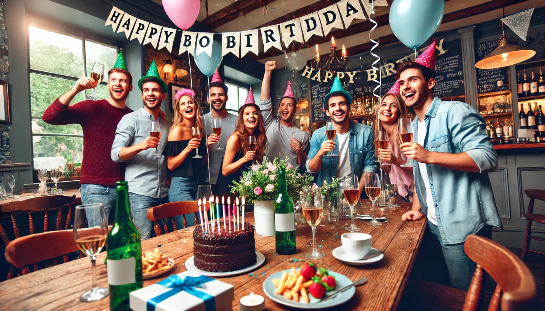 A lively stag or hen party at a pub with a group of friends celebrating, decorated with party elements. No text