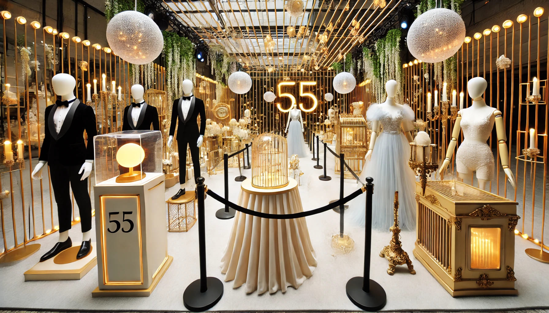 A party venue showcasing unique items like tensa barriers, mannequins, and display cabinets. The decorations are elegant and enhance the event's theme