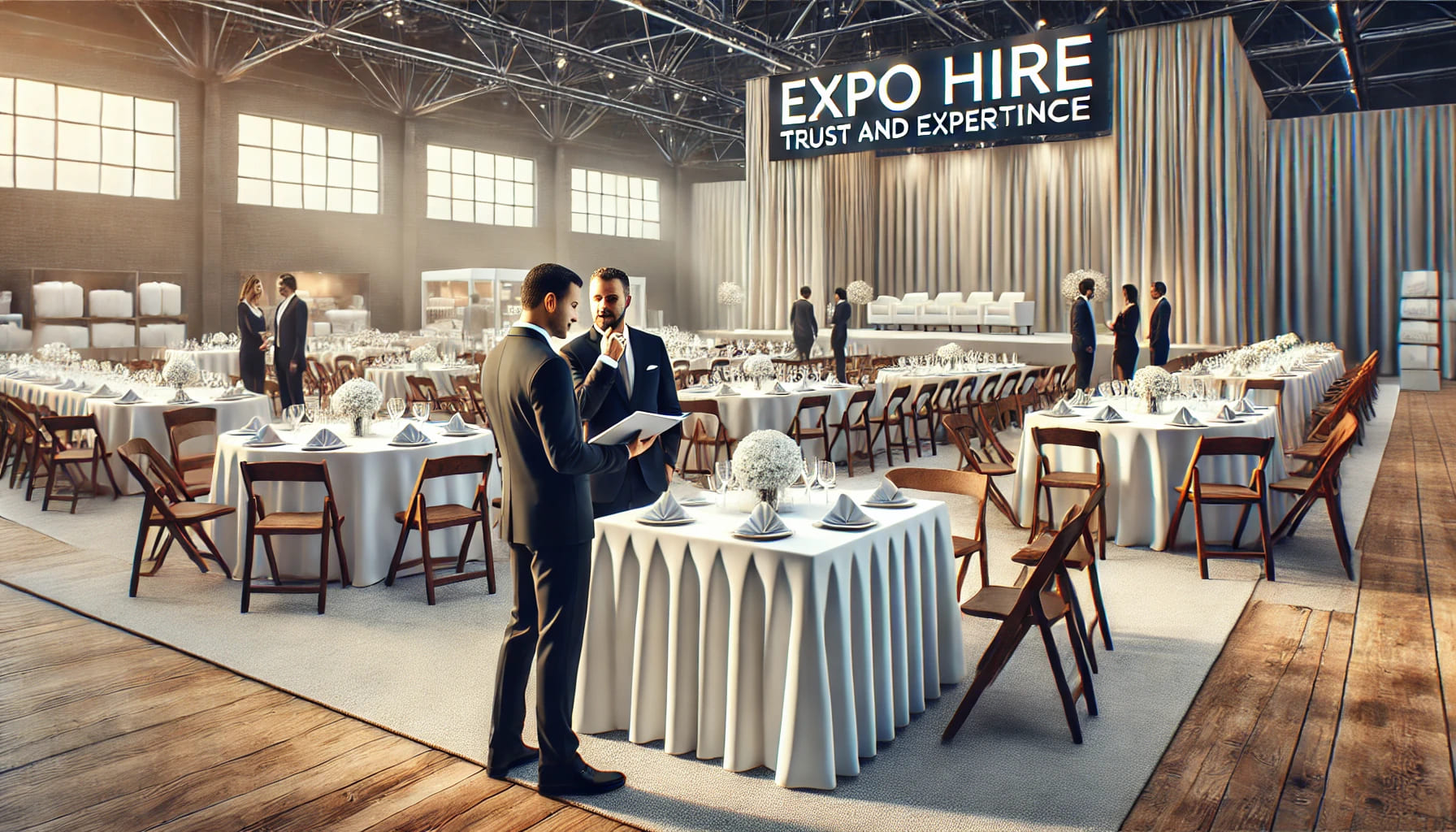 A realistic image in landscape orientation of an event planner discussing table linen options with a client in a venue setup, focusing on the trust 