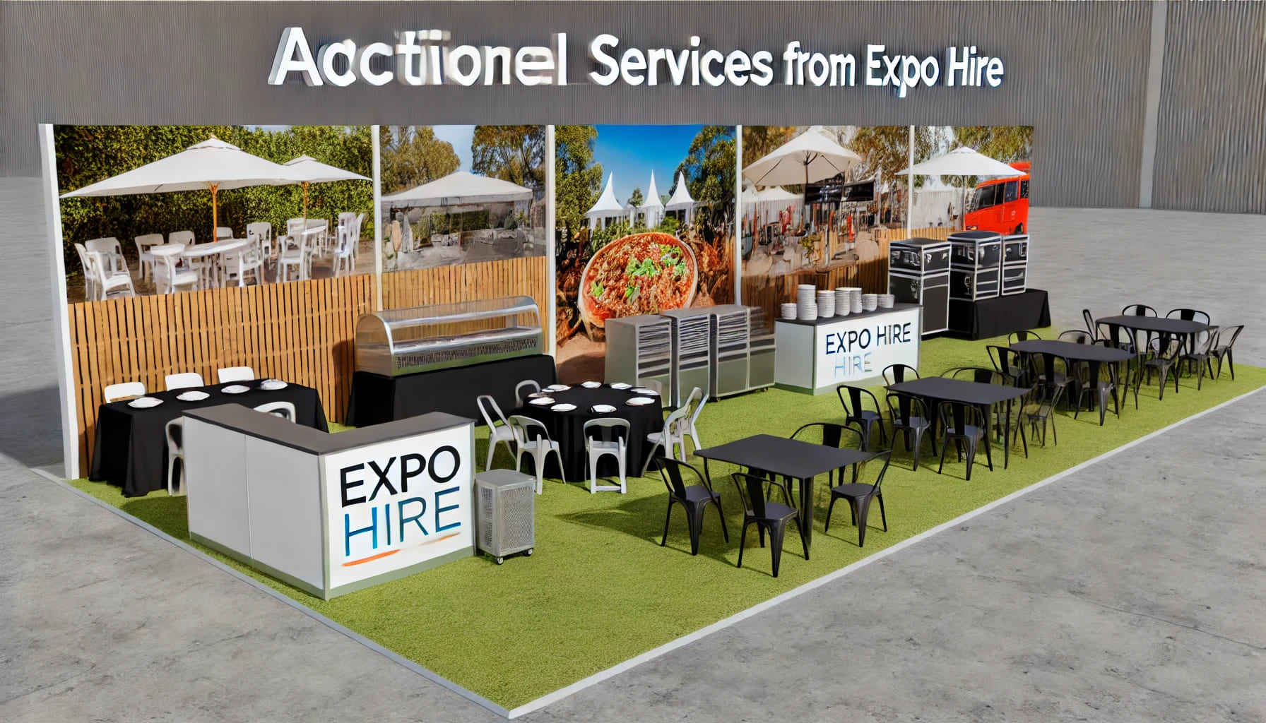 A realistic image in landscape orientation showcasing the benefits of using additional services from Expo Hire. The scene includes various event setup