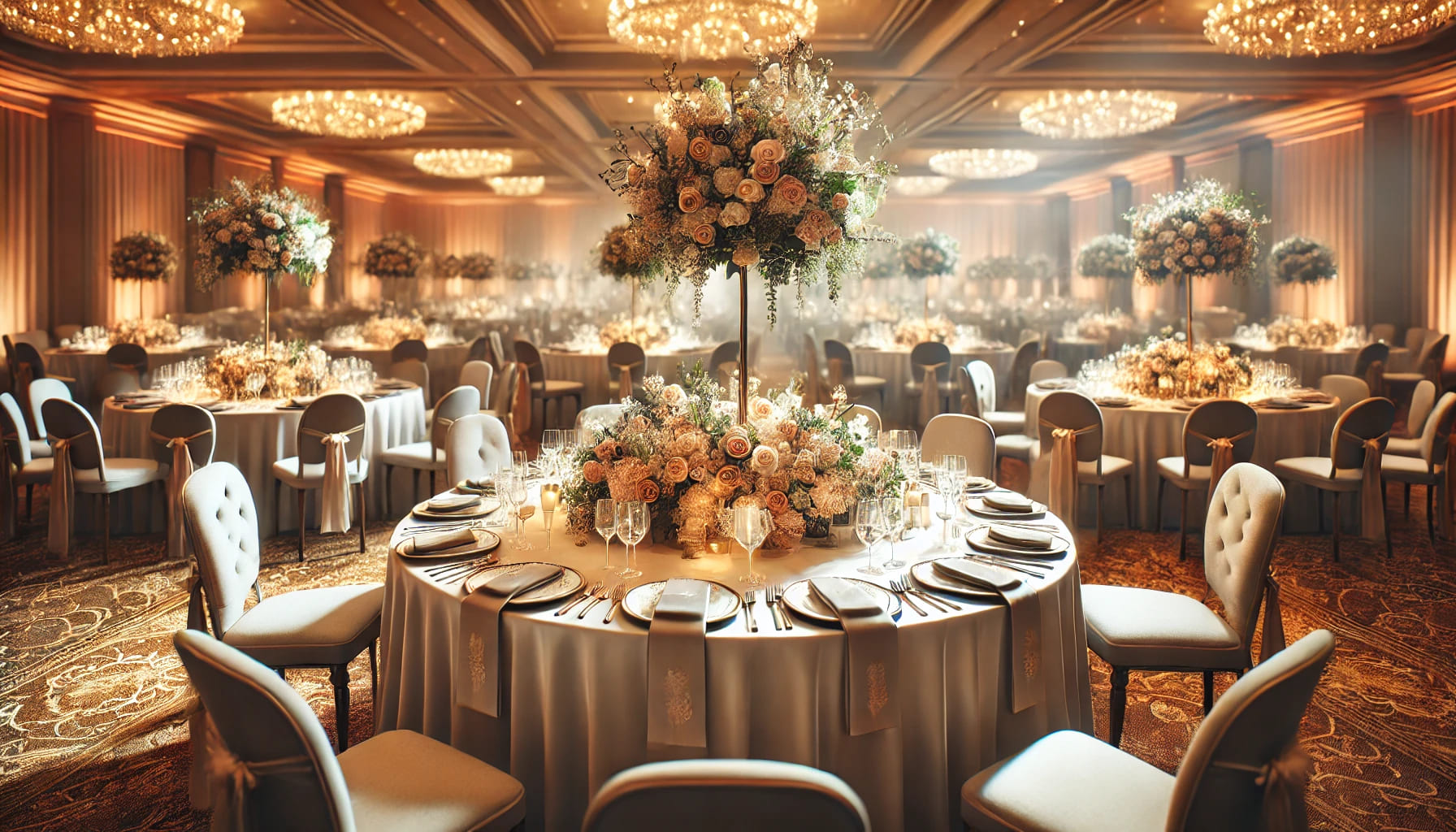 A realistic image of a beautifully decorated event space with round tables, featuring elegant table settings, floral centrepieces, and coordinated lin