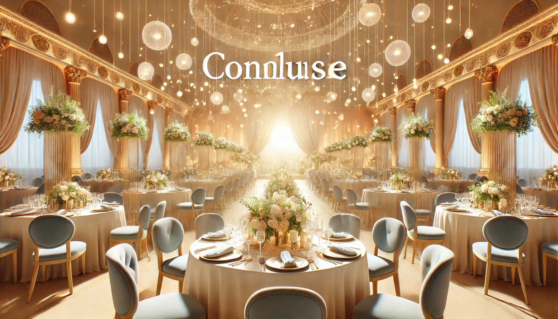 A realistic image of a beautifully decorated wedding venue, perfect for concluding an article. The scene features elegant chairs, tables with stylish