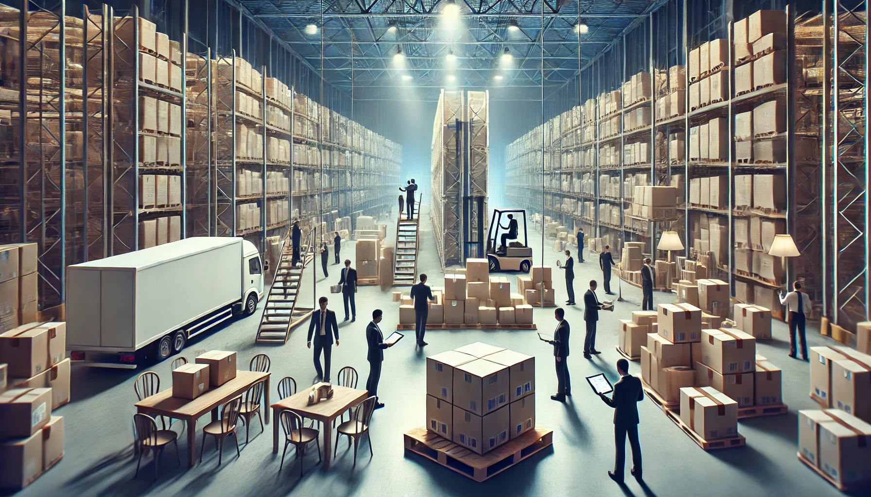 A realistic image of a professional team in a warehouse, organizing and preparing event furniture for delivery. The image showcases the logistics and