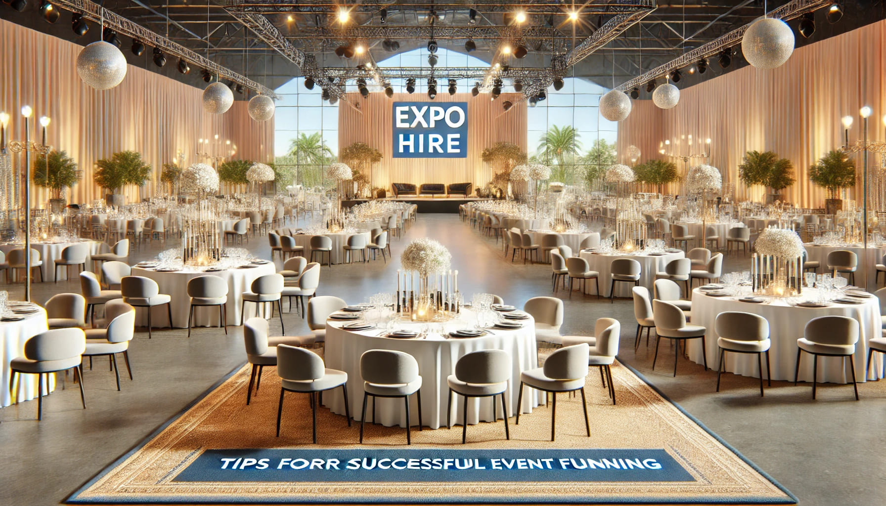 A realistic image of a successful event setup by Expo Hire, featuring tables, chairs, and additional event furniture in a beautifully decorated venue