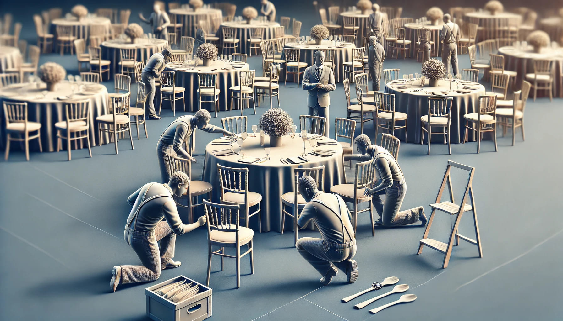 A realistic image showing a trusted supplier's team carefully inspecting and setting up tables and chairs at an event venue. The image should emphasiz