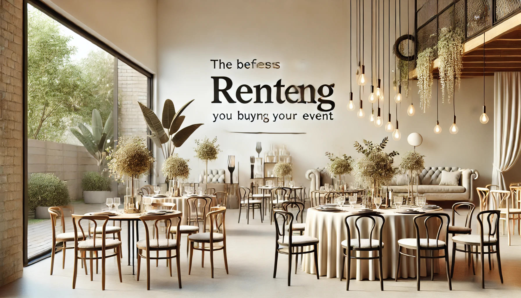 7 A realistic image showing the benefits of renting furniture for an event. The scene includes a well-organized event space with rented furniture like c