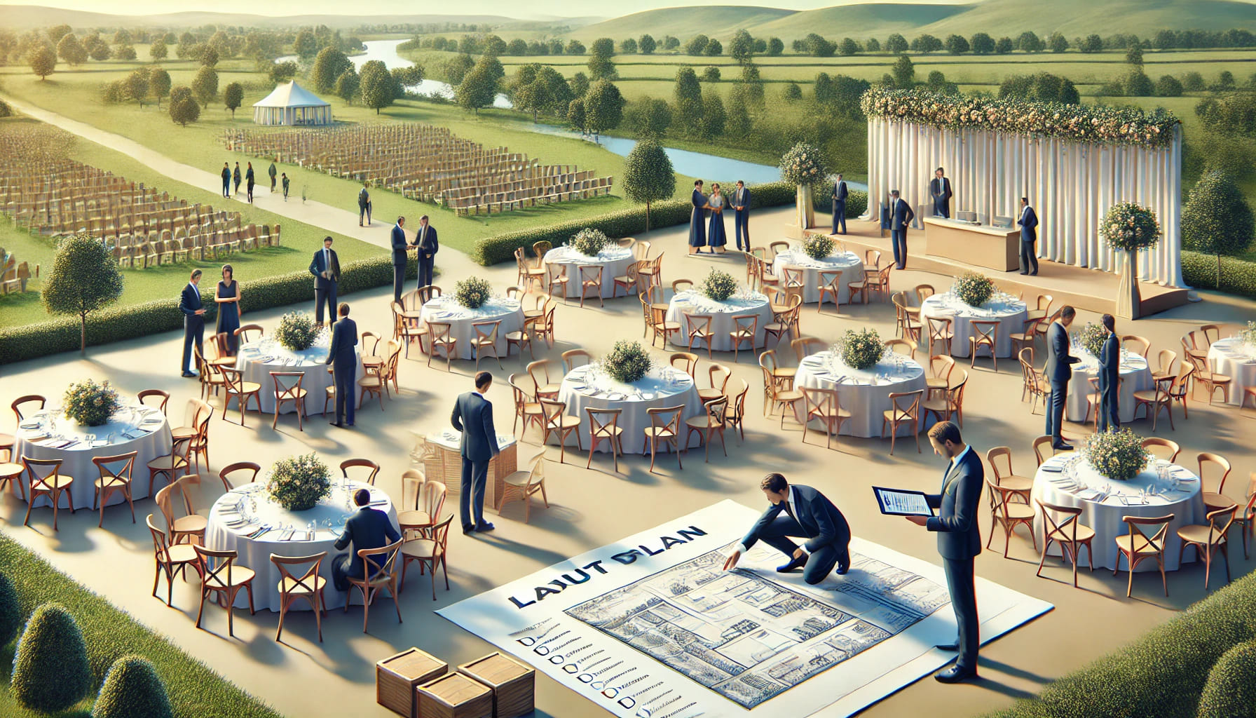 A realistic landscape image showing a team of event organisers from Expo Hire coordinating the setup of a large wedding event. The scene includes disc