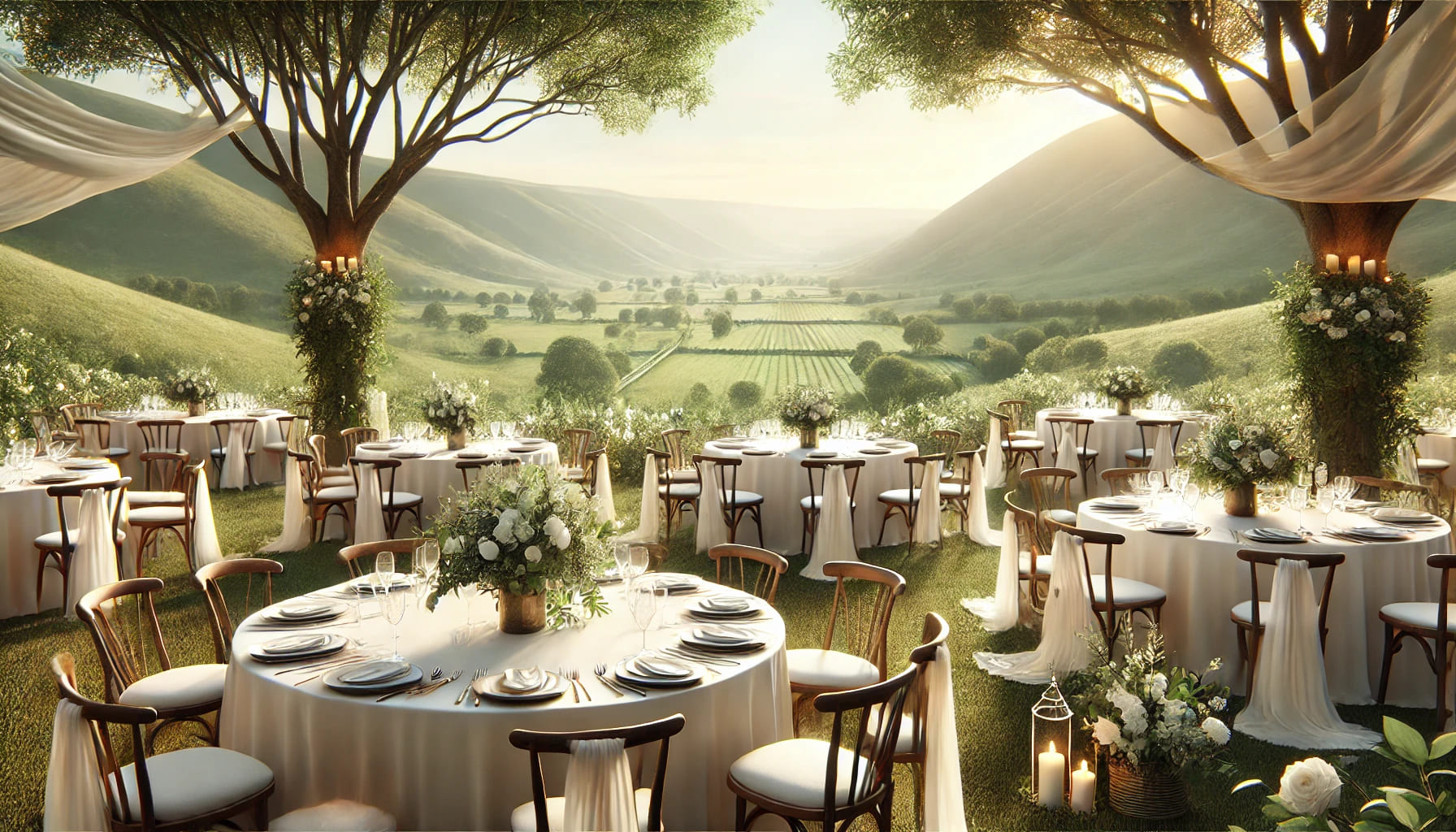 A realistic landscape-oriented image for the heading 'Tips for a Stress-Free Wedding' in an article titled 'A Complete Guide to Wedding Table and Chai