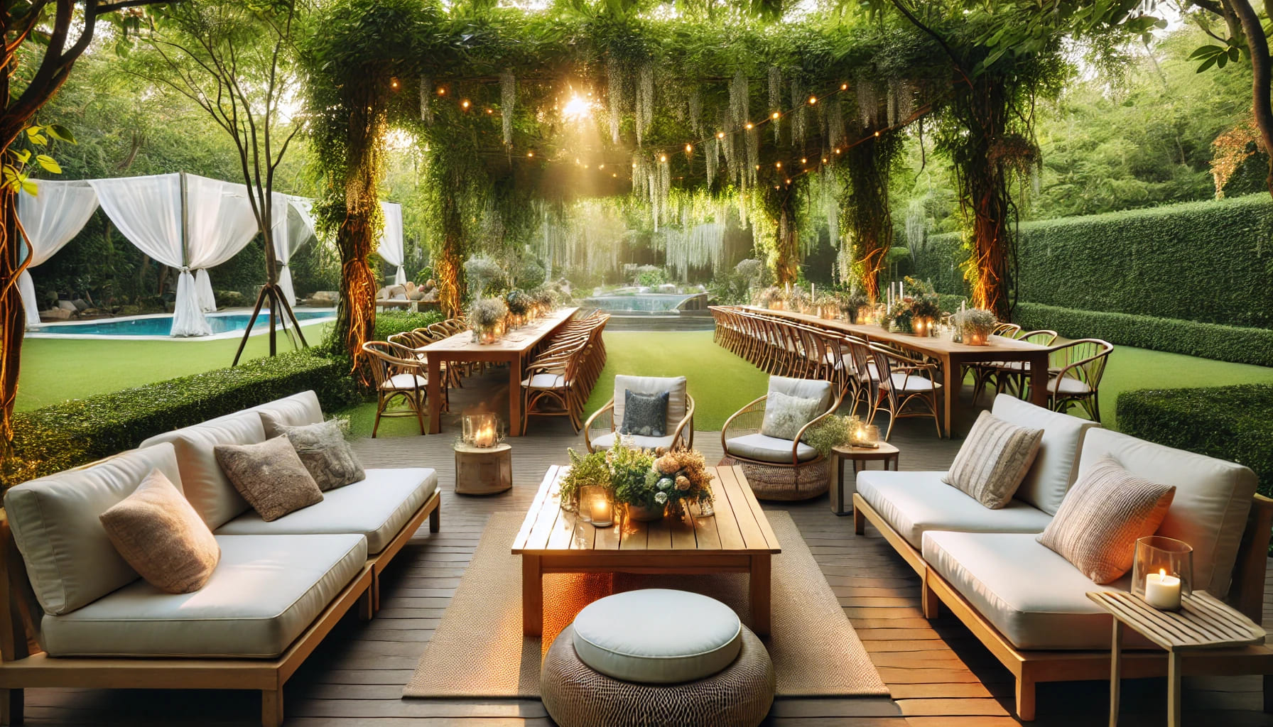 A relaxing outdoor event setup with comfortable sofas and chairs in a garden, creating a peaceful and inviting atmosphere for guests