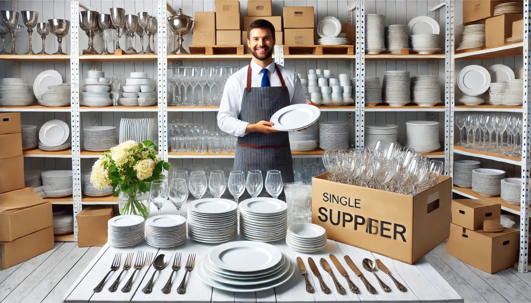 A single supplier providing a wide range of event tableware, showcasing a variety of plates, cutlery, and glassware neatly arranged in a storage or di