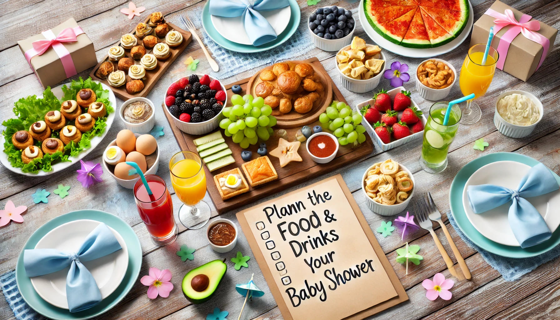 A spread of delicious food and colourful drinks set up on a table for a baby shower, symbolizing planning the food and drinks for your baby shower