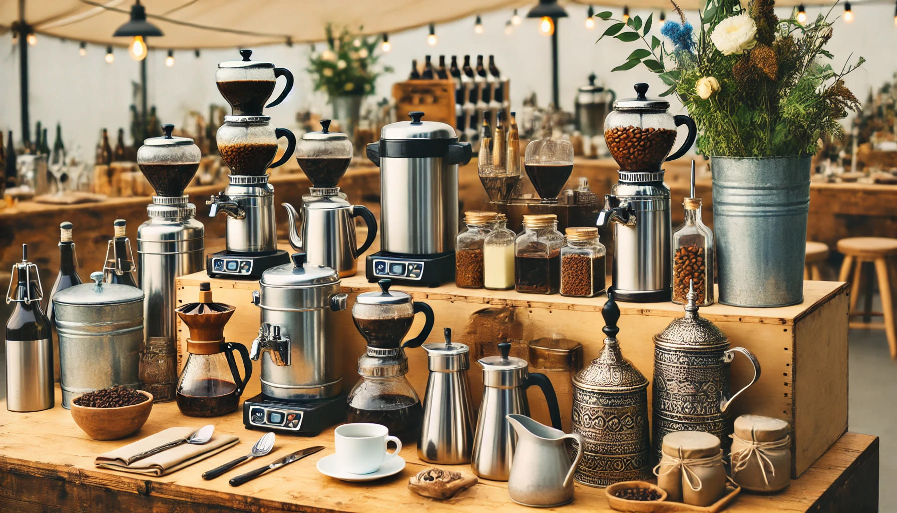 A variety of coffee, tea, and bar equipment including percolators, coffee jugs, tea pots, and wine buckets set up at an event bar