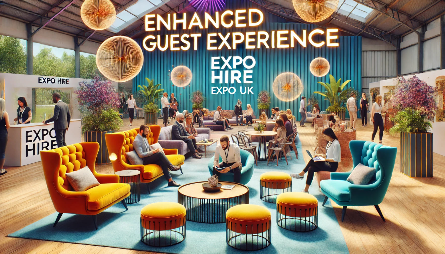 A vibrant event setup demonstrating enhanced guest experience with stylish and comfortable furniture, showing guests enjoying the event and the seamle