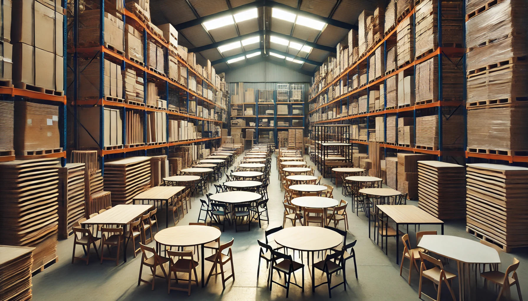 A warehouse filled with a variety of tables available for hire. The tables are neatly stacked and organized, showcasing different styles such as round