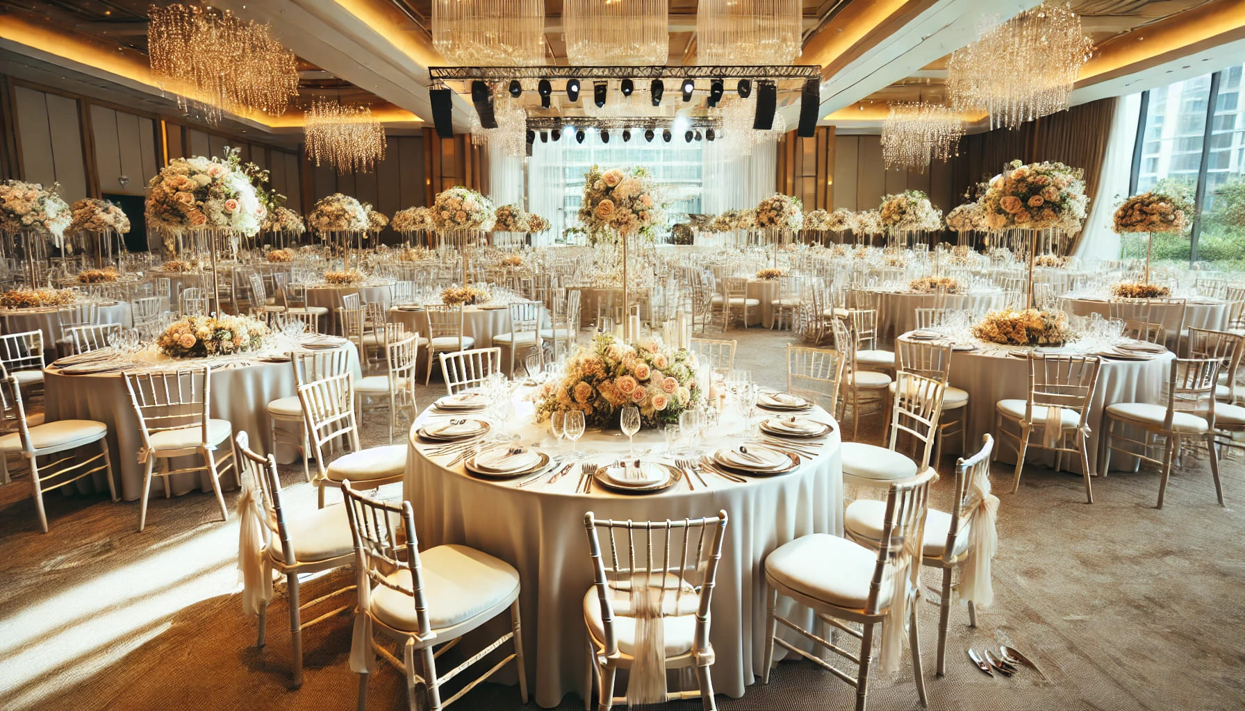 A wedding setup featuring tables and chairs for hire, including Chiavari chairs and round tables with elegant linens and centerpieces, set in a beauti