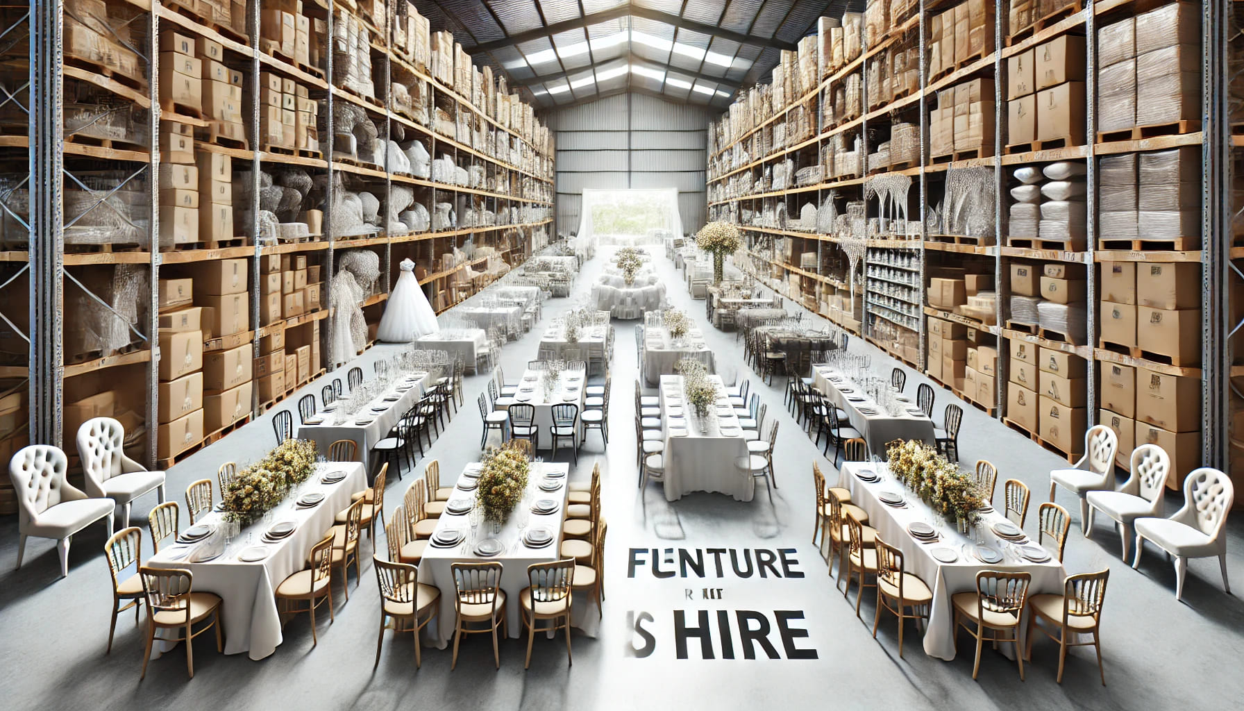 A well-organized warehouse showcasing a wide range of wedding furniture available for hire, including chairs, tables, and decor items. The space is cl