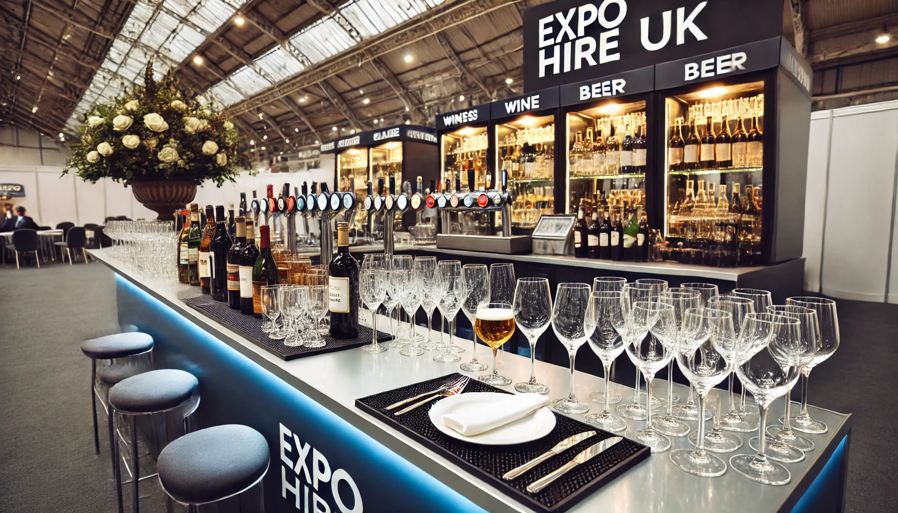 An elegant bar setup at an event, featuring a variety of hired glassware such as wine glasses, beer glasses, and cocktail glasses, highlighting the co