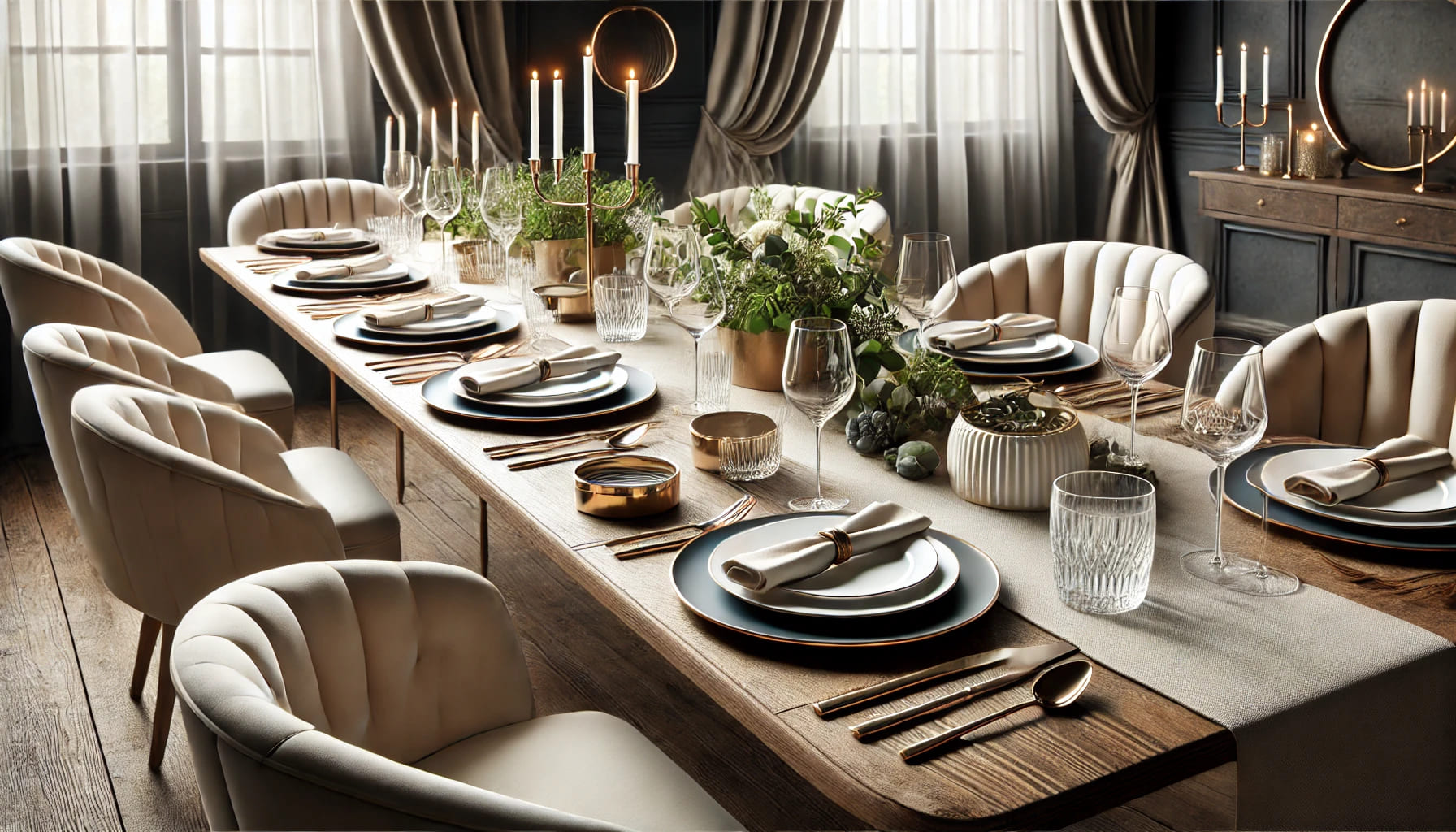 An elegant private dining setup with eco-friendly practices, featuring recyclable or compostable dinnerware, and a focus on sustainability. No text