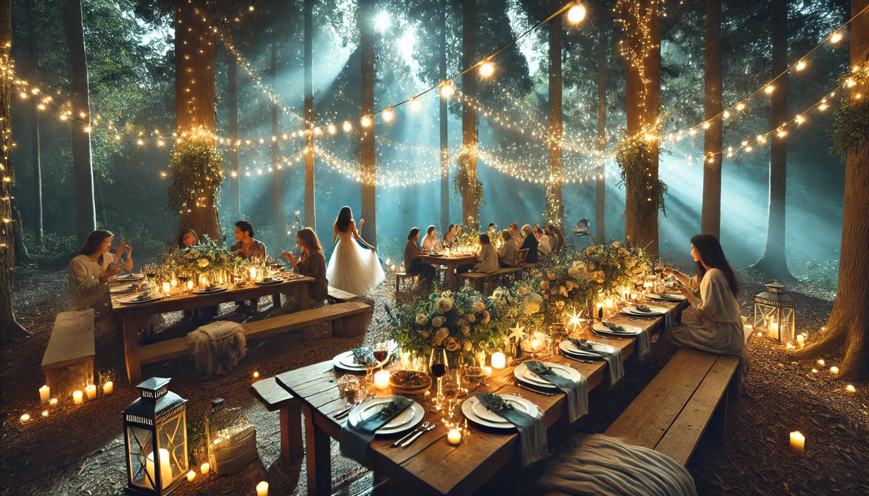 An enchanting forest dinner party set under the stars, with fairy lights, rustic tables, and guests enjoying an elegant meal outdoors