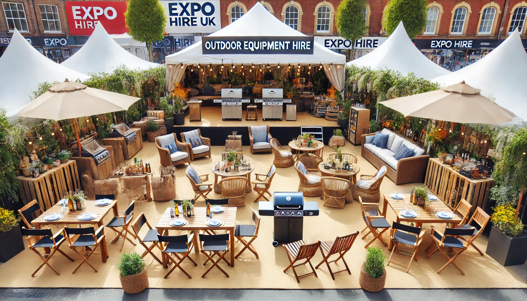 An outdoor event setup with gazebos, outdoor furniture, and BBQs, showing Expo Hire UK's outdoor equipment hire