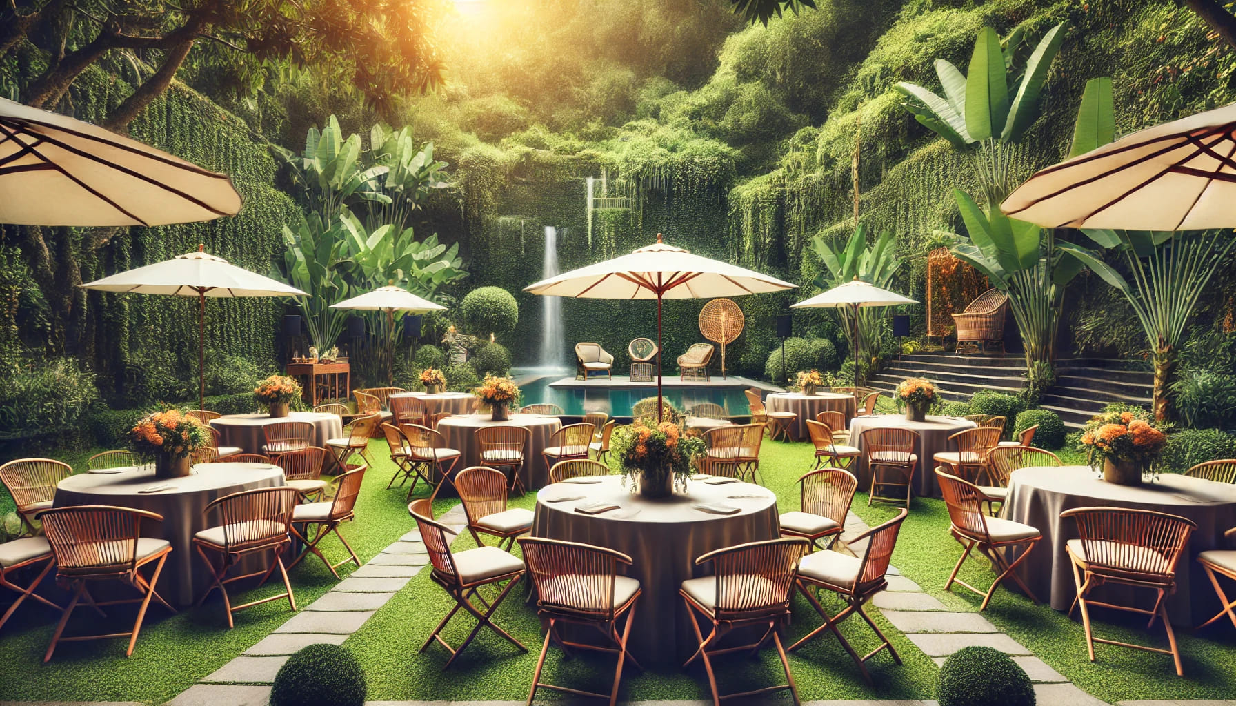 7 An outdoor event setup with rental furniture, including tables, chairs, and parasols, in a lush garden setting. The scene highlights the versatility o