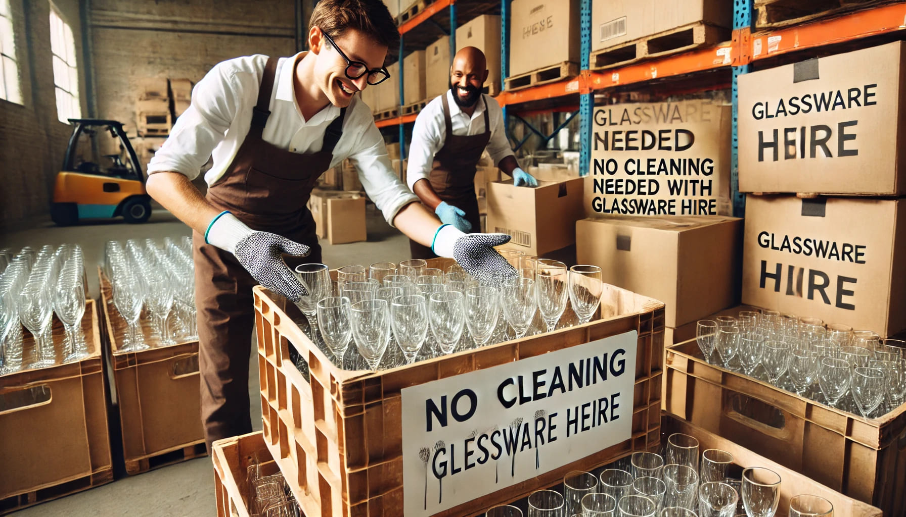 Event staff packing up glassware into crates, showcasing the convenience of no cleaning needed with glassware hire