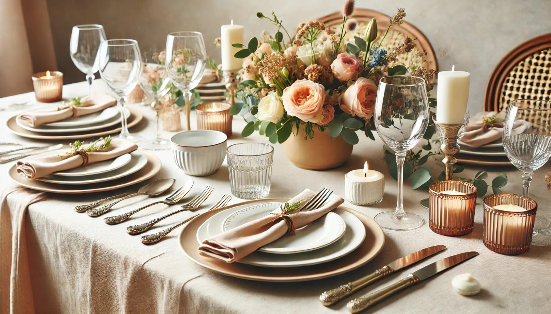 A beautifully set table with essential tableware including plates, cutlery, glasses, and linens arranged for an elegant event