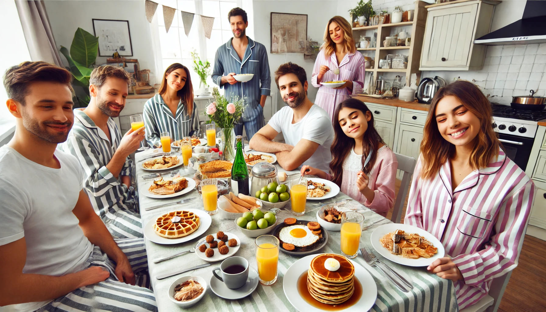 A breakfast for dinner party with a table filled with breakfast dishes like pancakes, waffles, omelettes, and guests dressed in pyjamas