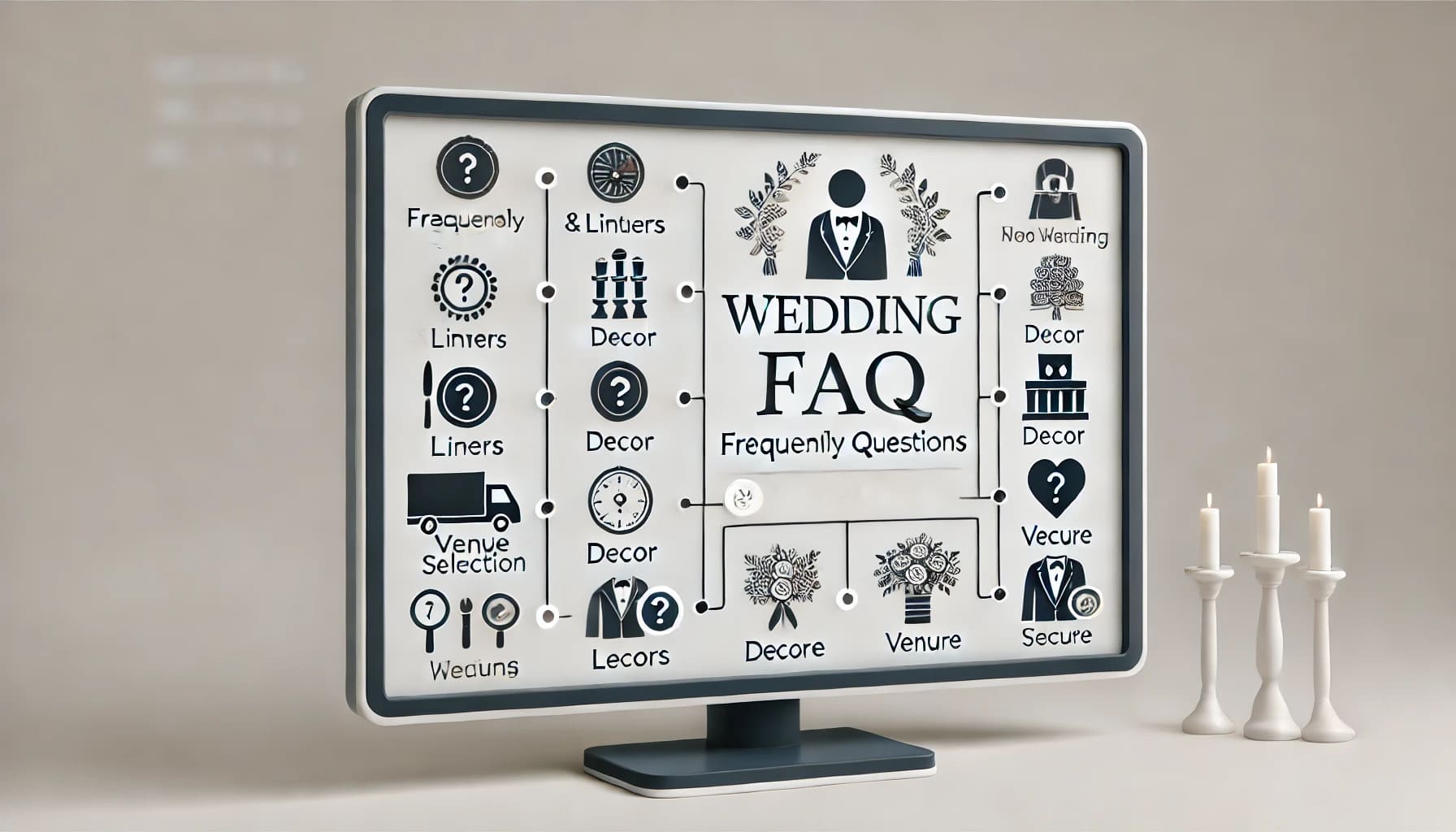 A clean and well-organized image of a wedding FAQ section, displayed on a digital screen. The screen shows frequently asked questions related to wedding