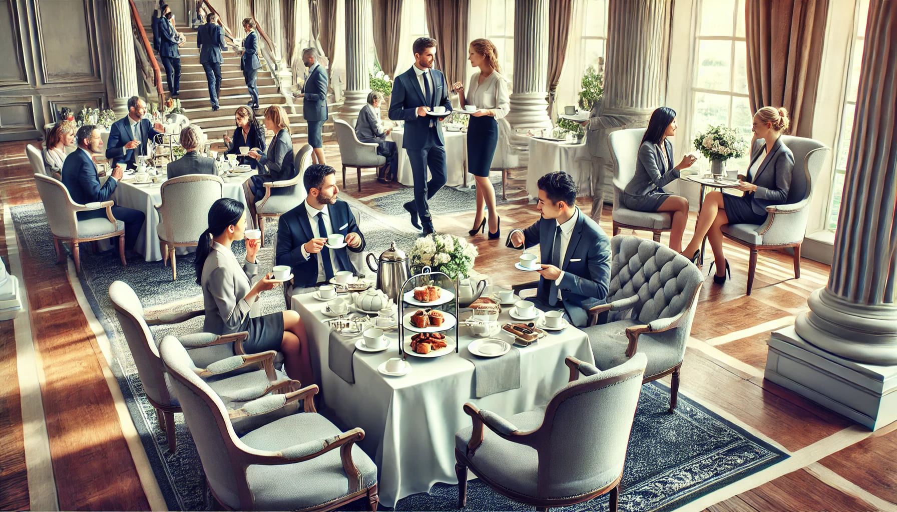 A corporate event set up for afternoon tea, with professional furniture, tables, and tea sets, featuring colleagues networking and enjoying tea in a f