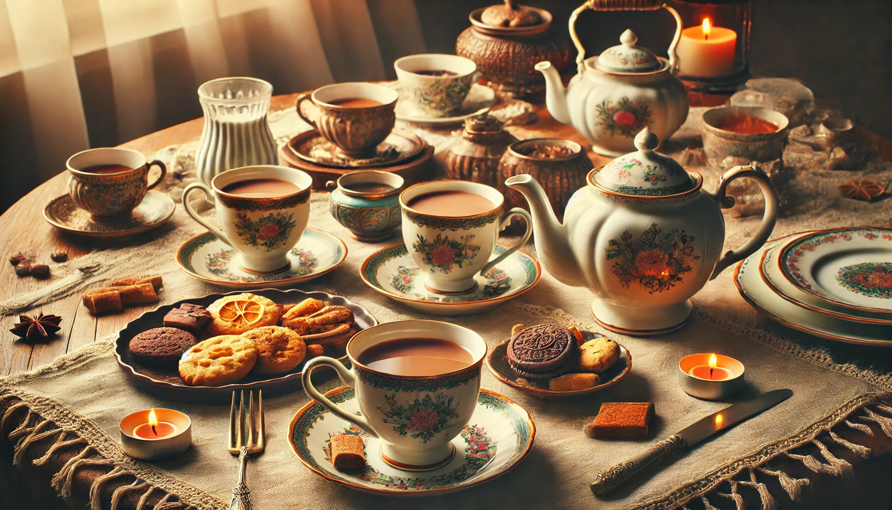 A cosy table setting for tea and coffee, featuring teacups, saucers, and a teapot. The table is decorated with small plates for snacks and has an invi