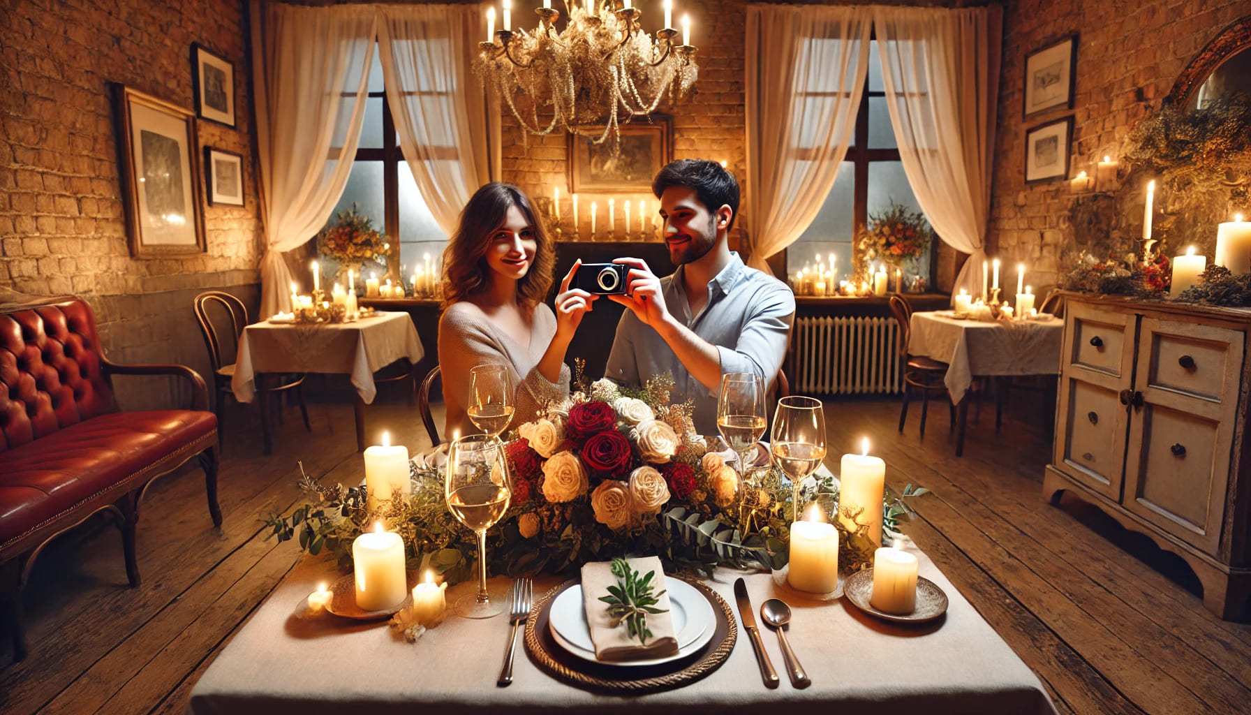 A couple recreating their first date in a cosy restaurant setting. The scene includes a beautifully set table with flowers, candles, and a romantic am