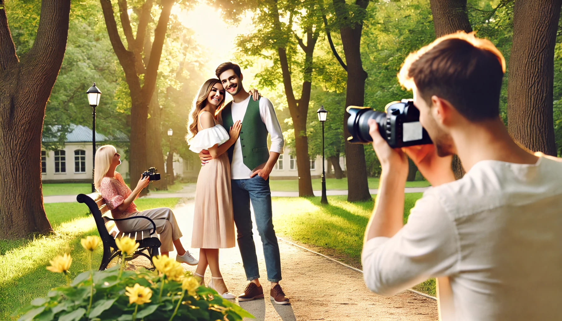 A couple taking engagement photos in a park, with a photographer capturing the moment