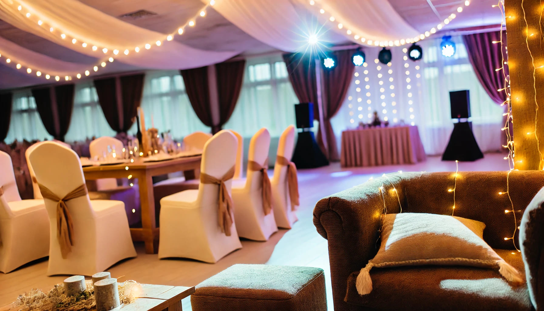 A cozy event setting focused on comfort and style, featuring plush seating, elegant lighting, and tasteful decor. The atmosphere is warm and inviting,