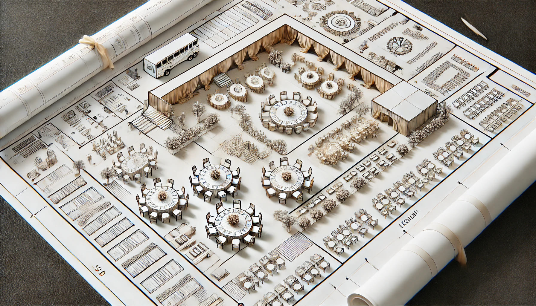 A detailed event layout plan with furniture and equipment placement, designed on a large sheet of paper