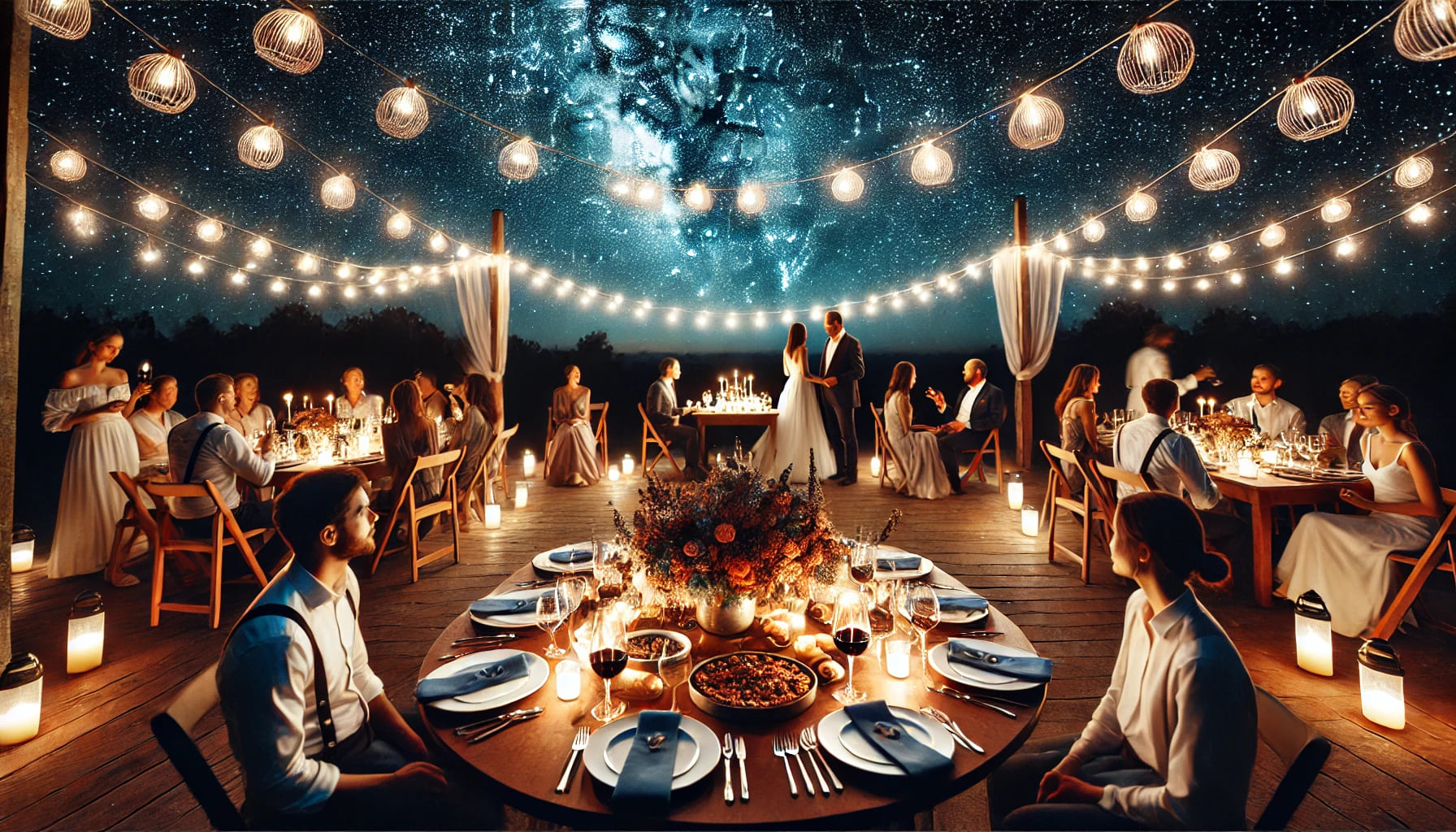 A dinner under the stars setup with a beautifully decorated table, string lights, and guests enjoying a meal. The night sky is clear with stars visibl